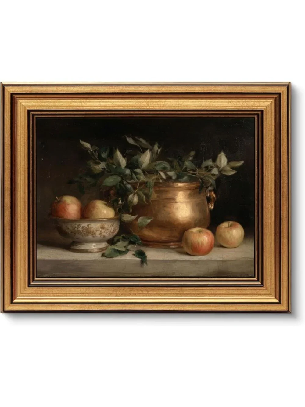 Vintage Apple Still Life Wall Art - Gold Framed Canvas Decor for Kitchen